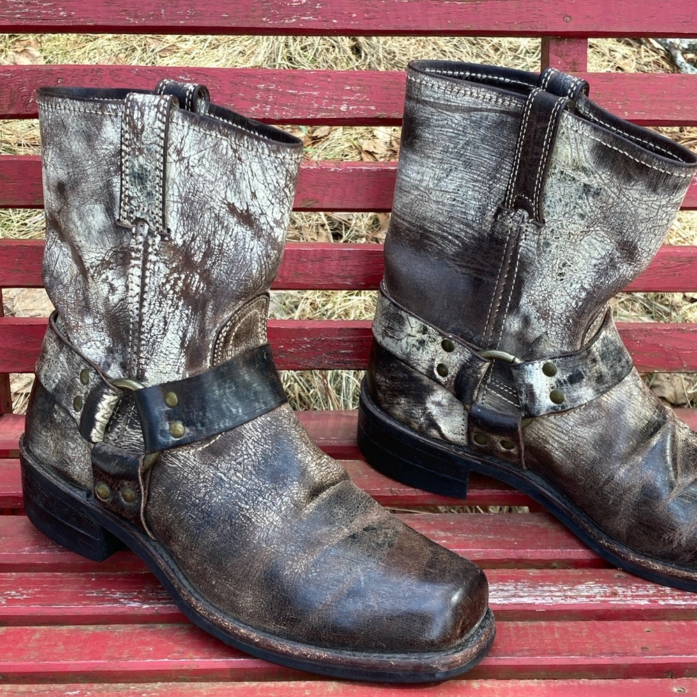 FRYE Boots RARE VINTAGE 8R HARNESS Brown Silver Black Size 9.5